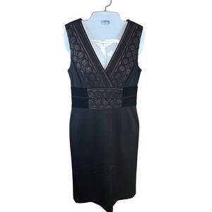 KAY‎ UNGER Black Lace Overlay Bodice V Neck Knee Length Cocktail Dress Women's 8